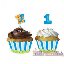 Bear's 1st Birthday Boy Cupcake Wrappers w/ Toppers