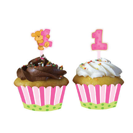 Bear's 1st Birthday Girl Cupcake Wrappers w/ Toppers