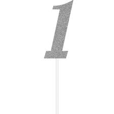 1st Birthday Silver Glitter Cake Topper
