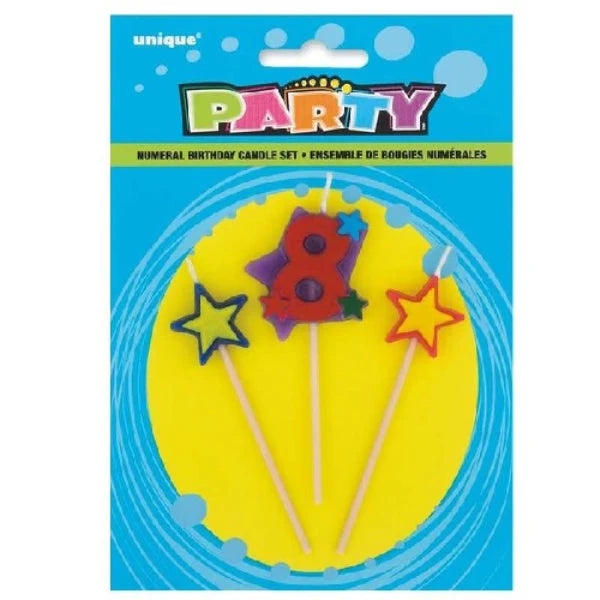 Number 8 Star Birthday Candles Set of 3