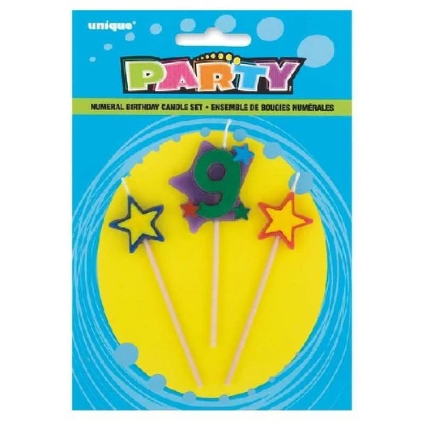 Number 9 Star Birthday Candles Set of 3