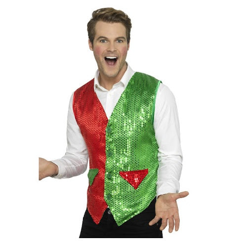Sequin Elf Waistcoat, Red & Green - M
