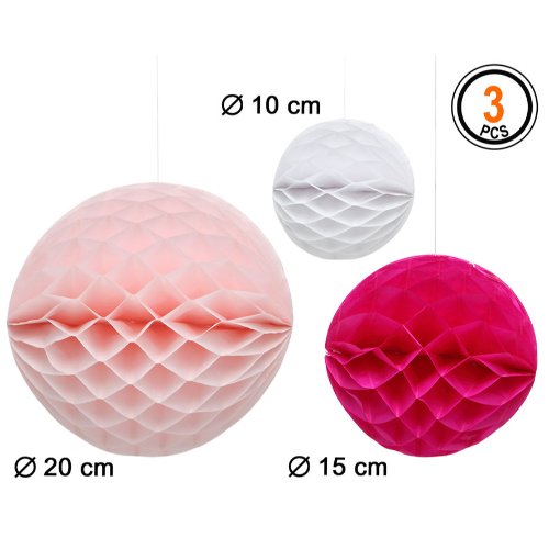 HONEYCOMB BALLS PINK AND WHITE 20cm 15cm 10cm