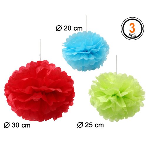 POMPOM PACK OF 3 BLUE 20cm GREEN 25cm RED 30cm