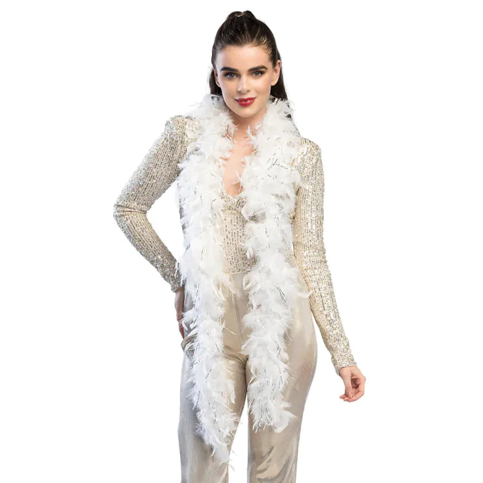 Feather boa Glamour white with silver tinsel