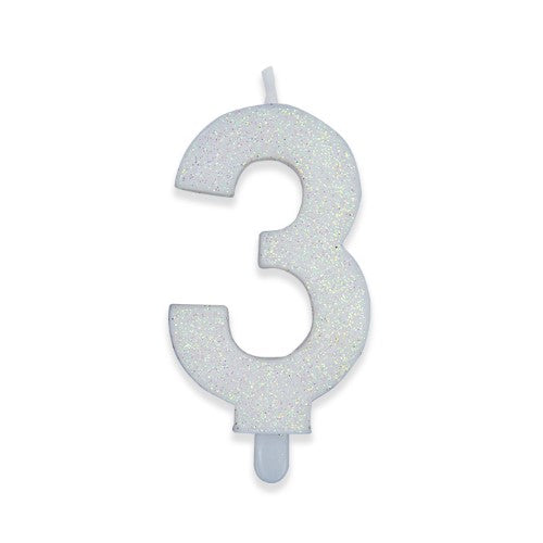 Num. 3 Candles White Glitter