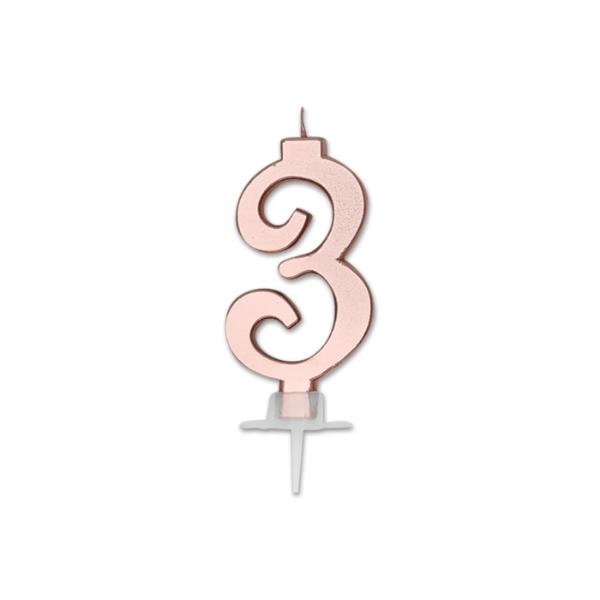 Num. 3 Candle Italic Rose Gold Metal