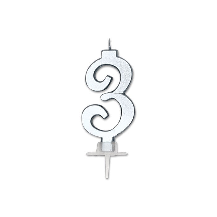 Num. 3 Candle Italic Silver Metal 