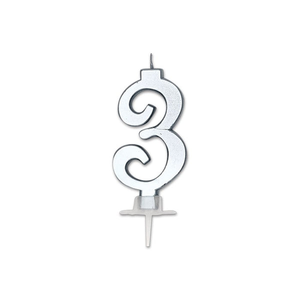 Num. 3 Candle Italic Silver Metal 