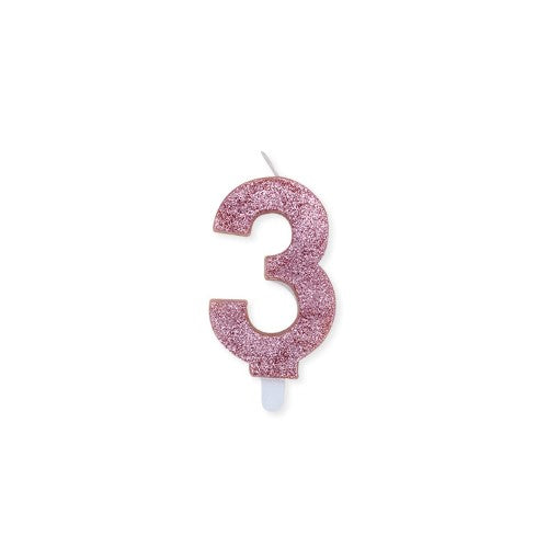 Num. 3 Candles Rose Gold Glitter