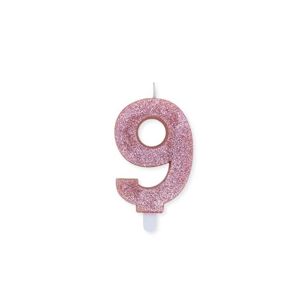 Num. 9 Candles Rose Gold Glitter