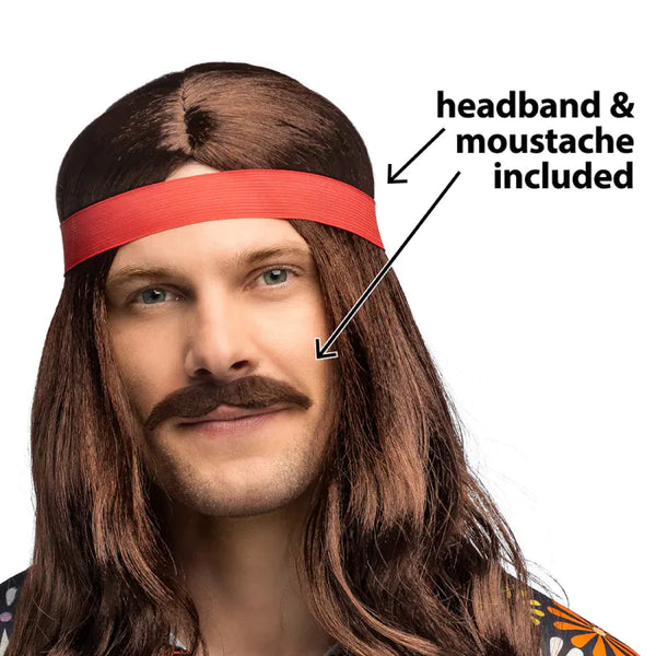 Wig Woodstock with headband and moustache