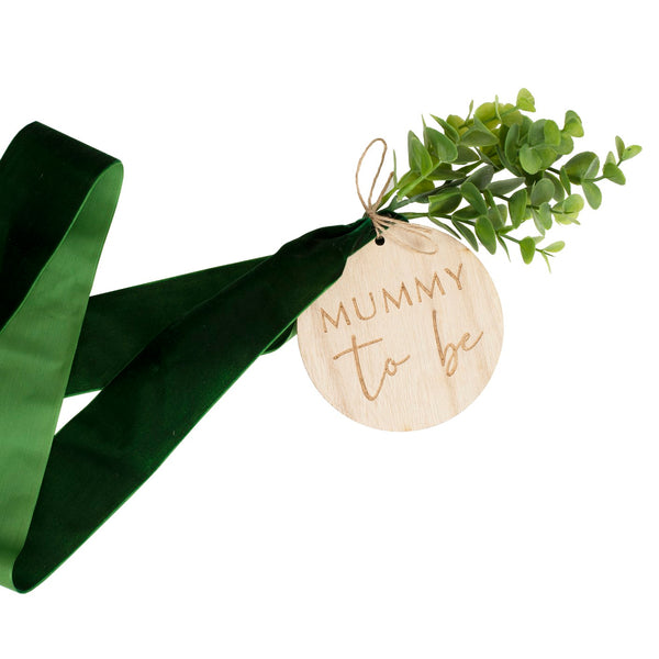mummy to be belly sash with foliage and wooden tag