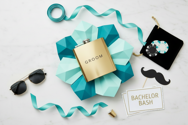 create a flat lay party scene for Bachelor Party. Make it fun and festive but not vulgar. Color palette: turquoise, black, white and gold. Light marble background with no visible shadows, shadowless. Keep it airy, fashionable. Few bigger objects and central focus point. No champagne bottles