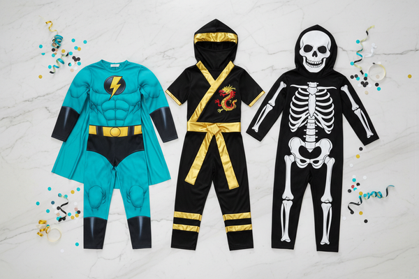 top view flat lay of three boys party costumes for kids. One superhero, one ninja adventure costume, and one funny skeleton. Bright and playful colors mainly turquoise, black, white, gold. Light marble background with subtle confetti and ribbons. Fun and energetic look. No toddlers, no baby outfits, no onesies, no pastel princess style, no accessories. Clothing only, no models.