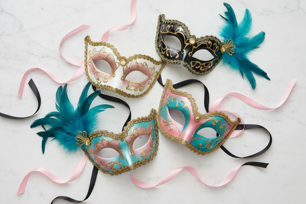 Flat lay carnival still life on a light marble background inspired by Maltese Carnival, elegant masquerade masks as the main focus, confetti scattered around, pink, turquoise, black, white, gold accents. Editorial composition, no balloons, no clowns, no floating objects, no people, no text.