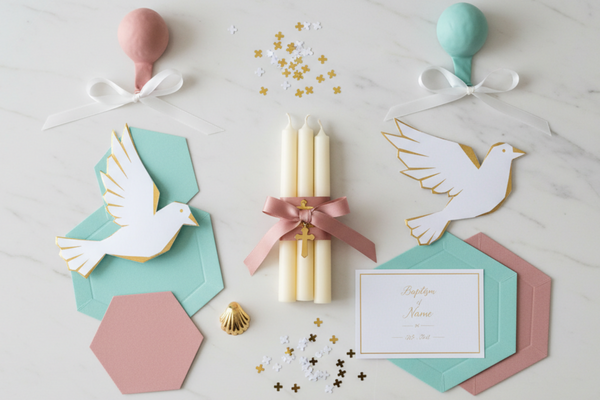 Flat lay elegant christening party decorations and accessories, light marble background, soft modern styling, minimal and refined, dusty rose, soft turquoise, white and gold color palette, candles, ribbons,paper decorations, balloons, cross confetti, subtle festive atmosphere, not childish, not cartoon, balanced composition, not circular, shadowless