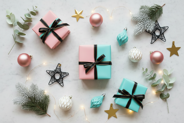 Flat lay stylish christmas party decorations and accessories on a light marble background, lively rose pink, turquoise,white, black and gold. Gist boxes, ornaments and confetti, with a few elegant pine branches and soft greenery, small christmas stars and fairy lights for a subtle festive touch, modern boutique aesthetic, playful but classy, soft lightning. no traditional red and green, no rustic wood.