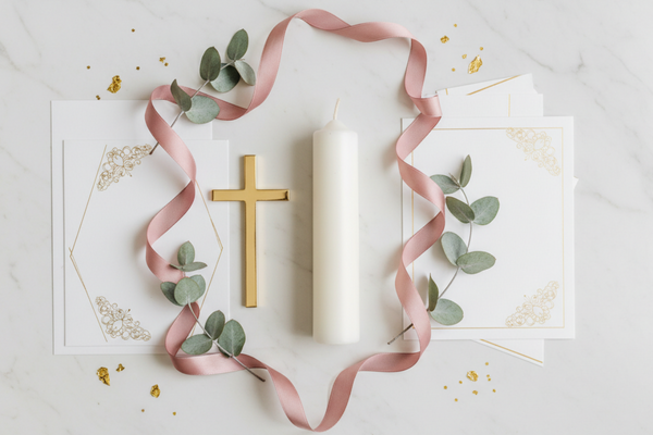 Flat lay elegant holy communion nad confirmation decorations on a light marble background, centered gold cross and white candle, delicate ribbons, soft eucalyptus leaves, subtle gold accents, minimal confetti, classy ceremonial atmosphere, dusty rose and muted turquoise accents only, mostly white and gold, soft natural light, clean composition, no balloons, no birthday items, no party hats. shadowless
