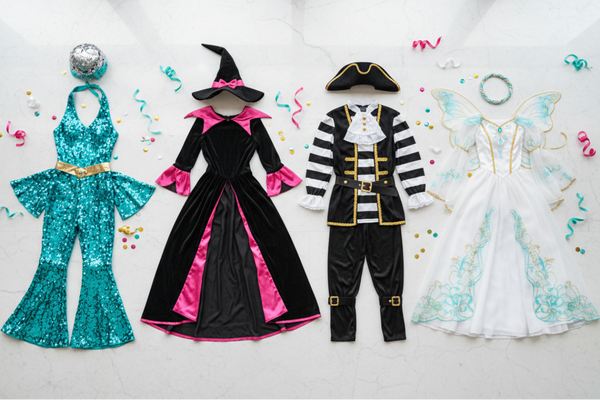 Top view flat lay out four complete costumes arranged neatly, on a light marble background. Each costume styled like mannequin shape. All costumes equaly sized, fully visible and proportionally aligned. Add a few subtle ribbons and confetti for fun. Clean, elegant, modern style. No clutter, no harsh cut-out look, no accessories, no shoes. Color palette: turquoise, lively rose pink, white, black, gold. Costume of disco, witch, pirate, fairy