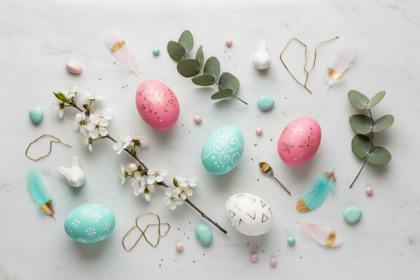 Flat lay Easter themed still life on a light marble background, elegant pastel eggs and delicate spring elements, color palette: pink, turquoise, white, black, subtle gold accents. Bright even lightning, shadoless look, premium editorial aesthetic, soft matte textures, no balloons, no cartoon bunnies, no toys, no people, no text, no clutter