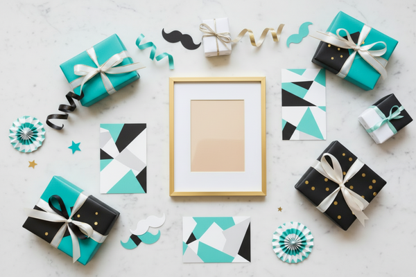 Flat lay Father's Day celebration decor on a light marble background, elegant gift boxes, ribbons, photo frame, greeting cards and simple party decorations, turquoise, black, white and soft grey accents, subtle gold accents. Bright even lightning, shadowless look, premium boutique party styling, festive but refined mood, no watches, no wallets, no sunglasses, no fashion accessories, no tools, no beer, no text, no clutter.