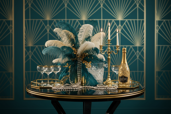 Art deco inspired Gatsby night party scene, turquoise/ dark teal and champagne gold color palette, 1920s luxury atmosphere, close-to-mid shot (not wide), elegant coctail table with feathers and beads, geometric art deco patterns(gold lines, fan motifs) subtly in the background. Cinematic but not dark, premium editorial photography, refined and timeless. No people.