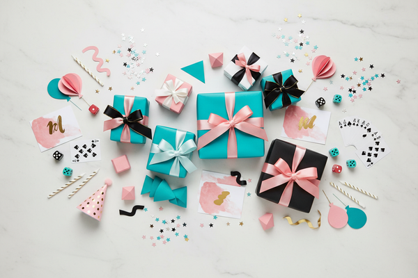 Editorial flat lay representing gifts and party games, featuring wrapped gift boxes, ribbon bows, greeting cards, small dice, candles, playing cards, confetti and playful design. Color palette : turquoise, black, white,medium-saturated rose pink and subtle gold accents. Cool off-white or very light marble background. Composition is balanced and airy and symetrical, objects spaced with intention. No text, no people.
