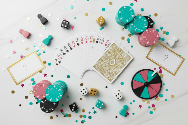 create a flat lay of party games arranged in a playful composition. Include playing cards, poker, dice and fun interactive elements. Color palette: turquoise, black, white, medium-saturated rose pink, gold accents. Place it on light cool off white background with subtle marble texture. Scatter some confetti for energy.