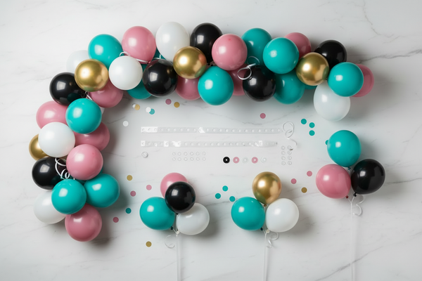 Create an flat lay composition for DIY balloon garland and sets. Color palette: turquoise, black, white, medium-saturated rose pink and champagne gold. Light cool off-white background with subtle marble texture. Elegant modern party atmosphere, editorial style. No text, no people, no peach color, no coral color. No floating balloons.