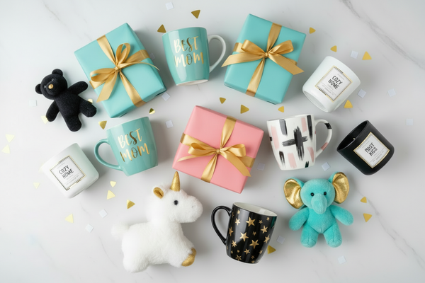 Create a flat lay of packed gifts, gift mugs, gift candles and plush toys in color palette : turquoise, black, white, medium-saturated rose pink, gold accents. Make the cool off white background with subtle marble texture. Put some conffeti around. Make it editorial, photography but playful and asymmetrical.
