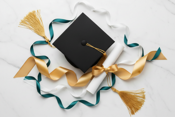 flat lay graduation celebration with a graduation cap (mortarboard) and rolled diploma placed in the center as a main focus. Around them place a few elegant decorations only: tassels, ribbons, small confetti and paper accents. Use colors: dark turquoise, black, white, gold with very small dusty rose accents. Light marble background with no visible shadows, shadowless. Stylish, modern, classy mood. No balloons, no cake, no gifts, no toys.