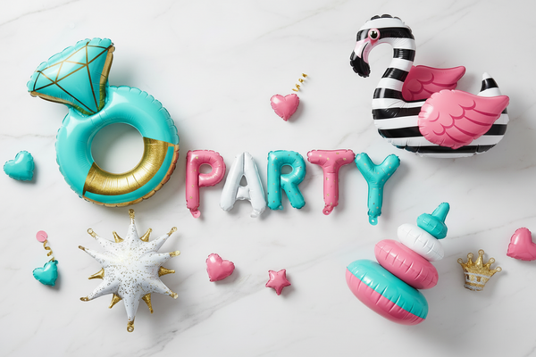 Playful yet elegant flat lay composition of party inflatable props. Color palette: turquoise, black, white, medium-saturated pink, gold accents. Soft white marble texture background, high-end product photography, bright and joyful tones, subtle movement and flow, playful arrangement, confetti details.