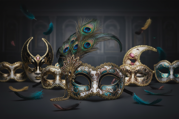 Masquerade night scene with a luxurious, mysterious atmosphere. One main masqerade eye mask in the foreground, elegant and detailed. 4-6 secondary masks surrounging it, slightly asymmetrical. Color palette: turquoise, black, white, medium-saturated rose pink and gold accents. Dark charcoal background with soft gradient. Soft cinematic lightning, gentle shadows, shallow depth of field. Feather and textures adding movement and intrigue. Refined, editorial style - story-driven, not catalog-like. No people. 