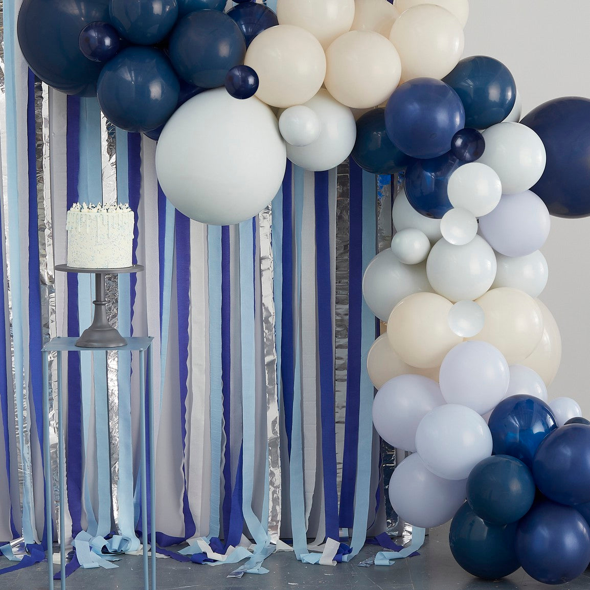 Balloon Backdrop - Balloon Arch and Streamers - Blue and cream