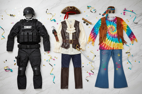 Top view flat lay of three adult men's costumes, realistic adult size proportions, no kids outfits. One SWAT costume, one pirate or vampire, one hippie or funny party suit. Light marble background. Few confetti and ribbons for party atmosphere. Masculine color palette mainly turquoise, black, white, gols and small pink accents. No children costumes, no onesies, no small sizes, no cartoon style, no small accessories