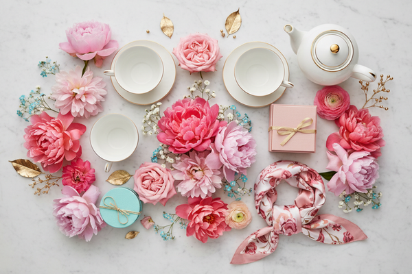 Flat lay Mother's Day themed still life on a light marble background, elegant flowers and refined gift elements, fresh blush pink and lively rose pink tones as the main accent color, soft white, turquoise and subtle gold details, bright even lightning, shadowless look, premium editorial aesthetic, crisp and cheerful mood, no beige tones, no dusty colors, no muted palette, no balloons, no text, no cartoon elements, no clutter.