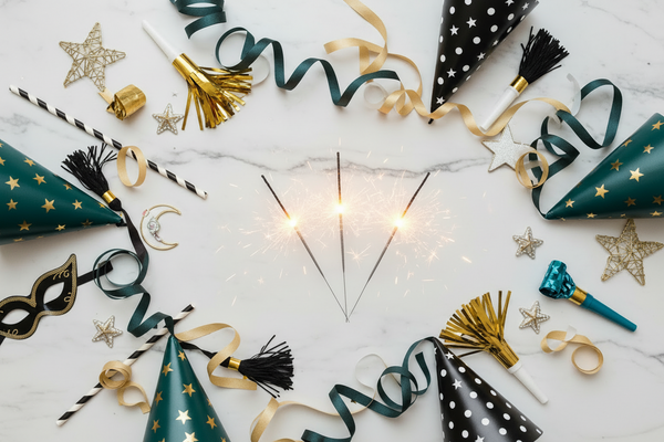 flat lay New Year party decorations and accessories on a light marble background, dark turquoise, black, gold and white color palette, light up sparklers, gold confetti, paper streamers, party blowers, ribbons, hats, star shape and festive accessories, playful celebration mood, stylish boutique aesthetic, shadowless, no gift boxes, no champagne glasses, no balloons, no year.