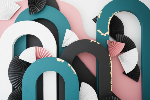 Modern abstract event styling background with layered sculptural forms and soft architectual arches. Color palette: turquoise, black, white, medium-saturated rose pink, champagne gold accents. Add tactile textures: matte plaster, paper-like forms. Slightly assymmetry, overlaping shapes, gentle movement and depth. Editorial, artistic, celebratory atmpsphere - not minimalistic, not rigid. No balloons, no people, no tables, no party props.