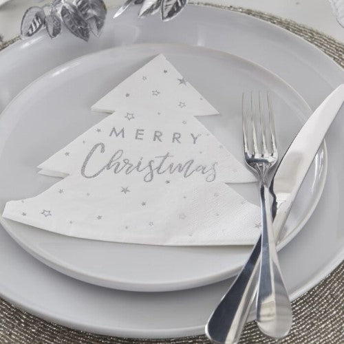 Silver Glitter-Paper Napkins - Christmas Tree Shaped Merry C