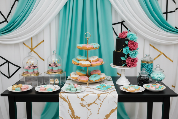 Stylish sweet table scene with donut stand, cake stand and desserts displays, designed in a modern party aesthetic. Color palette: turquoise, white, black, medium-saturated pink and champagne gold. Light playful mood, elegant textures, modern styling, premium event photography. No balloons, no people.