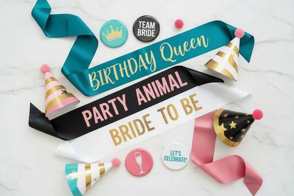 Playful yet elegant flat lay composition of sashes,pin up badges and party hats. Color palette: turquoise, black, white, medium-saturated pink, gold accents. Soft white marble texture background, high-end product photography, bright and joyful tones, subtle movement and flow, playful arrangement, confetti details. No fabric.