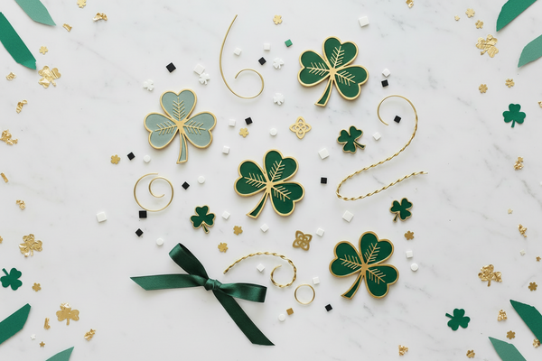 Flat lay St. Patrick's Day themed still life on a light marble background, elegant green and gold decorative elements, shamrock leaves and refined confetti, muted emerald green, white, black and soft gold accents, bright even lightning, shadowless look, clean modern composition, premium editorial aesthetic, no balloons, no beer, no people, no text, no cartoon elements, no clutter.