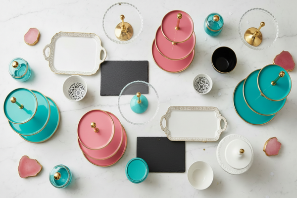 Playful yet elegant flat lay composition of grazing boards, donut stands, cake stands, small containers for sweets. Color palette: turquoise, black, white, medium-saturated pink, gold accents. Soft white marble texture background, high-end product photography, bright and joyful tones, subtle movement and flow, playful arrangement, confetti details. No food.