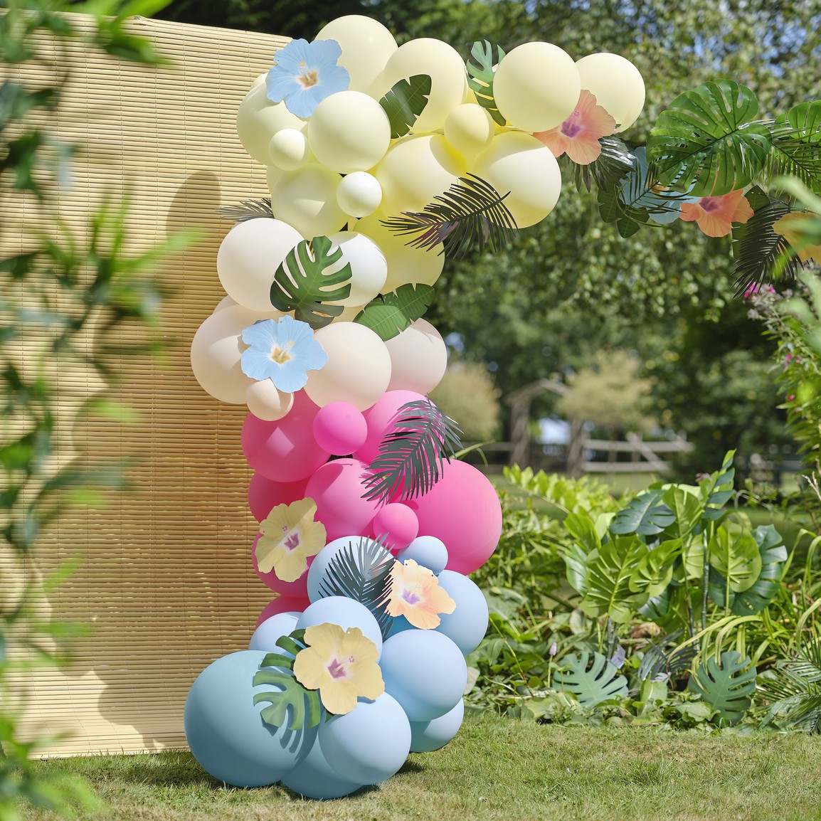 Balloon Arch - Blue, Pinks, Green & Yellow with Paper & Faux Foliage