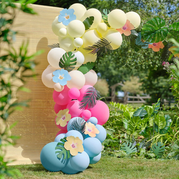 Balloon Arch - Blue, Pinks, Green & Yellow with Paper & Faux Foliage