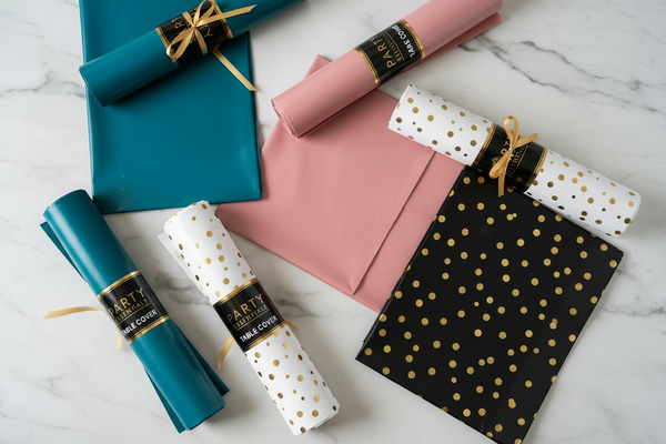 Playful yet elegant flat lay of party table covers clearly shown as tablecloth products, NOT napkins. Rolled plastic table covers and folded rectangular table covers with crisp edges. Material appers thicker than napkins, with subtle plastic sheen. Displayed as retail product. Soft white marble background, scattered confetti. Color palette: turquoise, black, white, medium-saturated rose pink, gold accents. Editorial flat lay styling, casual and imperfect arragement. no gift wrap.