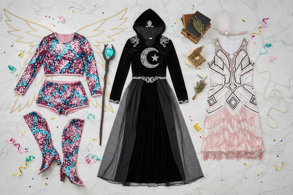 top view flat lay of three adult women's party costumes. One popstar, one medieval witch and one gatsby costume. Light marble background, subtle ribbons and confetti. Color palette mainly: lively rose pink, white, turquoise, gols and black accents. Adult proportions only, no kids costumes, no cartoon style, no small accessories. Clohing only, no models.