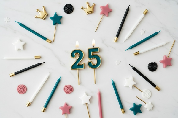 Playful yet elegant  flat lay composition with cake candles in different shapes - numbers, sticks, stars, shapes. Color palette: turquoise, black, white, medium-saturated pink, gold accents. Soft white marble texture background, high-end product photography, bright and joyful tones, subtle movement and flow, playful arrangement, confetti details.