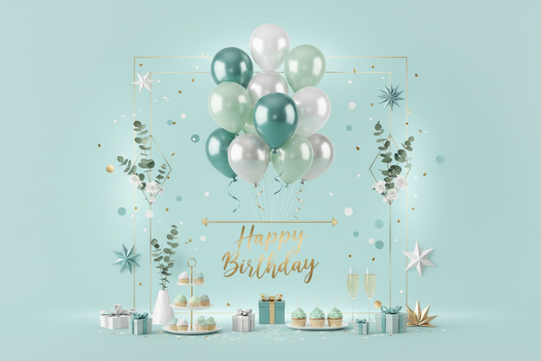 elegant party theme collage, pastel teal background, mix of balloons, party decorations and themed elements, clean composition, soft lightning, modern festive style, minimal clutter, high quality, centered composition.